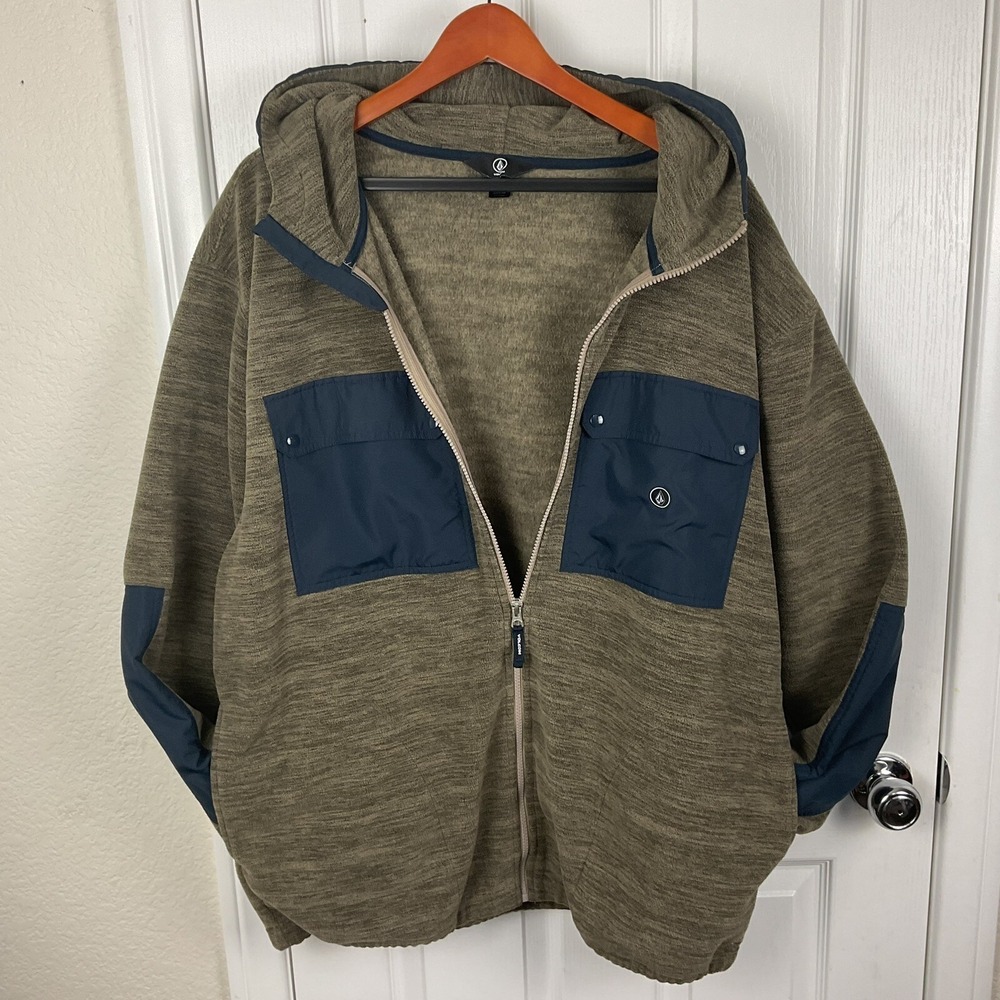 Volcom Yzzolater Men's Desert Taupe Full Zip Hooded Fleece Jacket, Size XXL